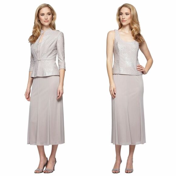 New! ALEX EVENINGS Women's 2-Piece Dress & Jacket Set Size 10 Color Latte - Picture 1 of 5